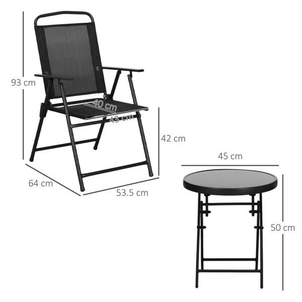 Black folding armchair with mesh back beside round black glass-top side table