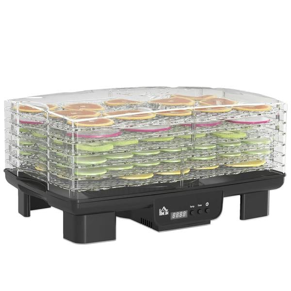 Black six-tray food dehydrator with clear stack trays and front control panel