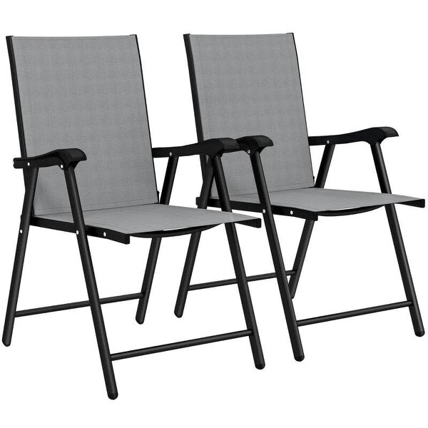 Folding Garden Chairs Set of 2, Foldable Garden Dining Chairs with High Back, Armrests, Texteline Seat, Light Grey