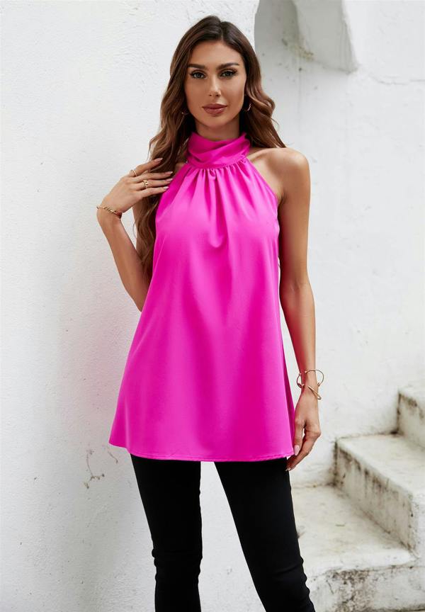 FS Collection Halter Neck Tie Back Top In Magenta
