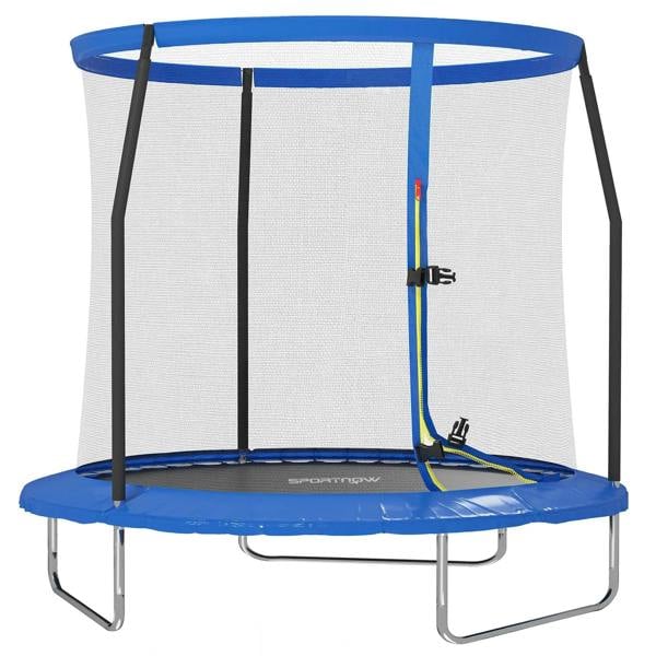 Blue 8ft trampoline with safety enclosure net and steel frame, round blue edge pad
