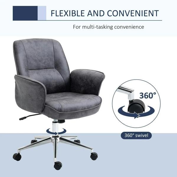 Charcoal grey mid-back swivel office chair with thick padding and chrome five-star base