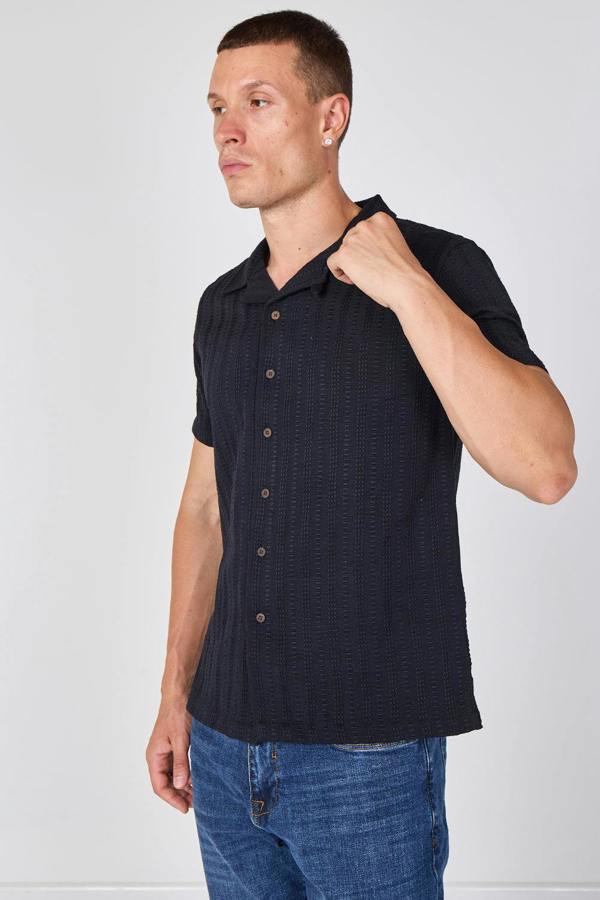 Textured Short Sleeve Resort Collar Shirt - Black