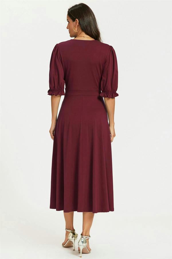 FS Collection Half Sleeves Jersey Midi Dress with Wrap Neckline In Wine