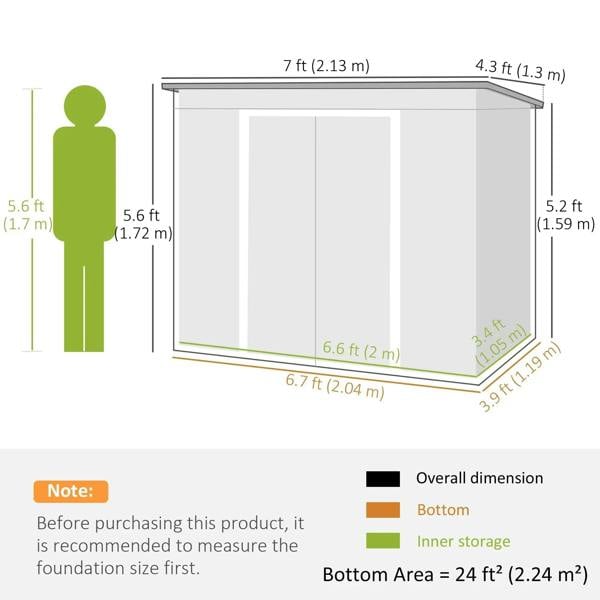 Shed size diagram with height and width measurements for garden storage unit