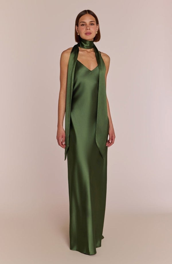 Rewritten London Brooklyn Dress in Olive Green Satin