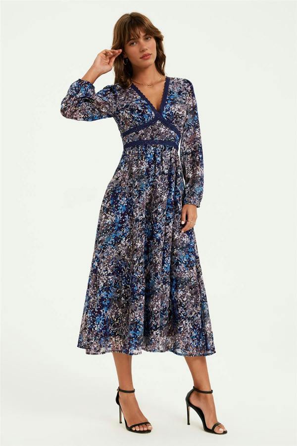 FS Collection Gold Foil Abstract Print Long Sleeve Midi Dress In Navy