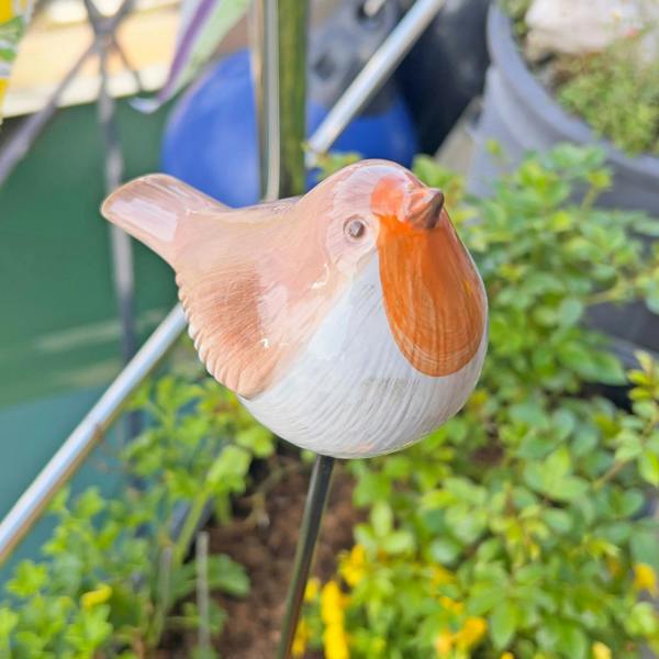 Boltze Porcelain Robin on a Stake Garden Bird Ornament