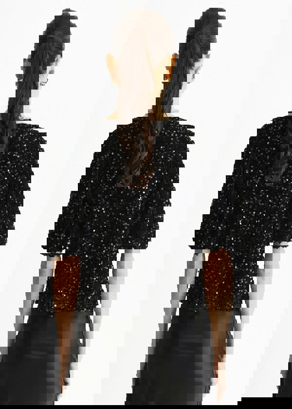 Gini London Black Velvet Sequin Bow Front Bubble Sleeve Top