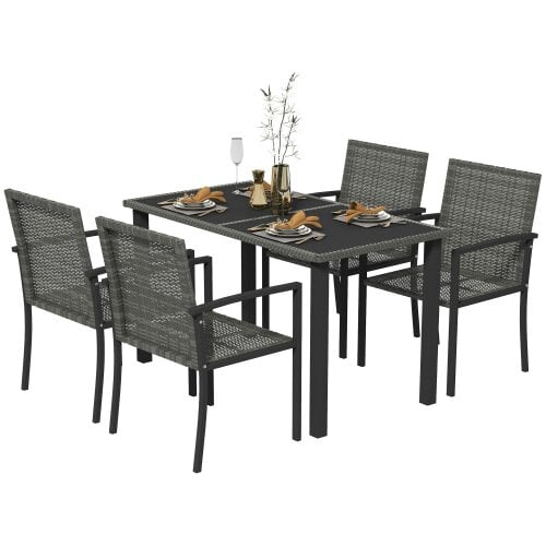 Wyld Haus Pakeri Dark Grey Rattan 4 Seater Outdoor Dining Set With Tempered Glass Table And Chairs