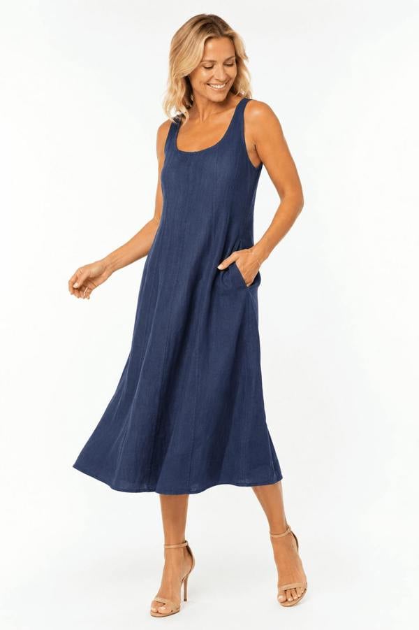 Claudio Lugli Sleeveless Scoop-Neck Linen Midi Dress with Pockets
