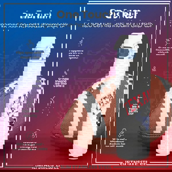 A water bottle, with a flip top that opens one-handed, rests near an American football; the bottle's design features a team logo and is described as slim, stainless steel, triple-locked, and leakproof. One Touch.