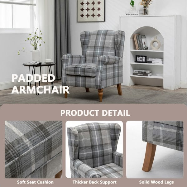 Furniture One Wingback Tartan Armchair, Retro Accent Chair Soft Padded Fabric Lounge Padded Sofa Chair with  Solid Wood Frame