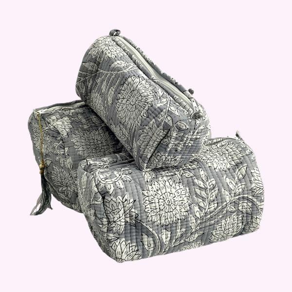 Hayley & Co Grey Floral Block Print Cotton Washbag, Make Up Bag, Pencil Case with Waterproof Lining - Pink Sunflower Print