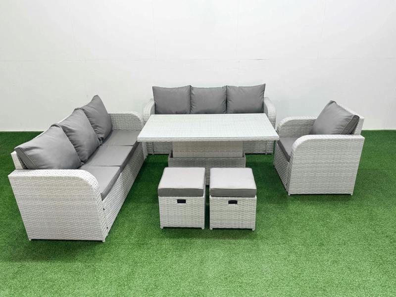 Fimous 9 Seater Poly Rattan Garden Furniture Patio Set, Adj Height Table, 3 Seater Sofa, Reclining Chair, 3 Seater Sofa, Stools, Light Grey