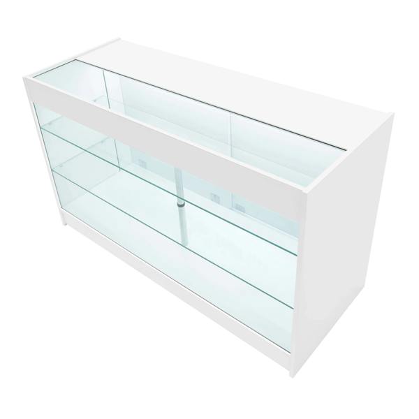 Theia LED shop counter set in white, featuring sleek glass shelves, modern design, and bright LED lighting for display purposes