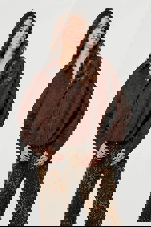 Brown | Faux Suede Long Sleeve Cropped Jacket