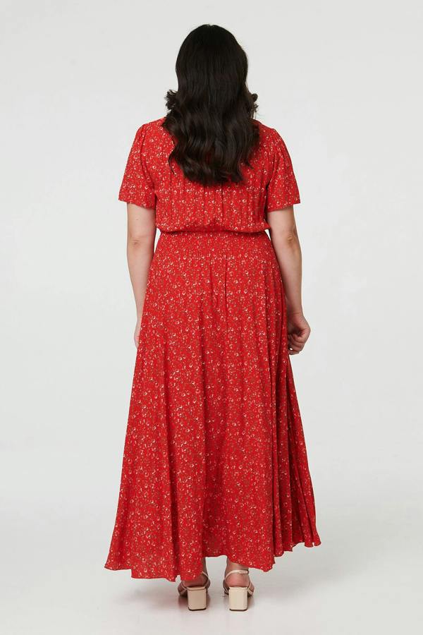 Red | Curve Ditsy Floral A-Line Maxi Dress
