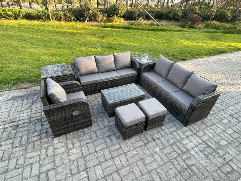 Fimous 9 Seater Dark Grey Mixed Rattan Outdoor Lounge Set - Rectangular Coffee Table, 3-Seater Sofa, 2 Footstools & 2 Side Tables