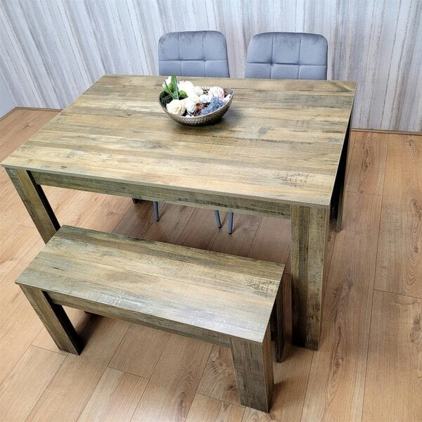 Kosy Koala Dining Table Set for 4 Rustic Effect Dining Table With 2 Grey Velvet Chairs and 1 Matching Bench