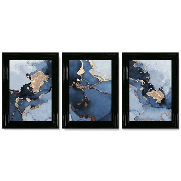 Artze Wall Art Framed Set of 3 Abstract Art Prints of Paintings Navy Blue and Gold