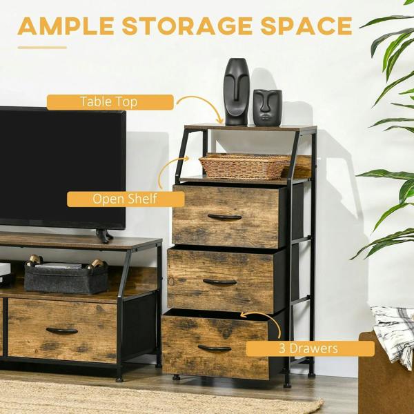 Industrial storage cabinet with open shelf and three rustic brown drawers on black legs