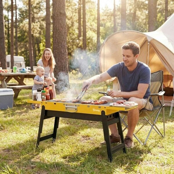 Bobobiy Portable BBQ Grill, Foldable Charcoal Grill for Camping and Picnics with 2 Side Shelves and Handle, Yellow - Yellow
