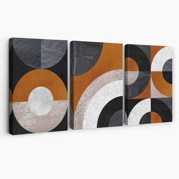 Set of 3 Black and Orange Abstract Circles Canvas Art Prints | Artze Wall Art