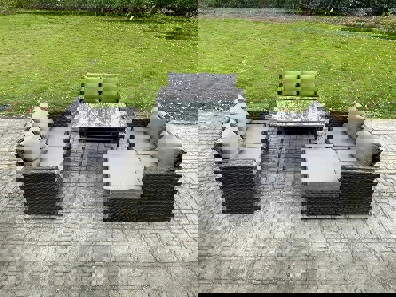 Fimous 7 Seater Rattan Wicker Garden Furniture Patio Conservatory Sofa Set with Rectangular Dining Table Love Seat Sofa Big Footstool