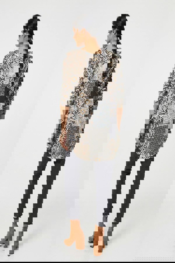 Beige | Patchwork Print Long Sleeve Scoop Neck Tunic
