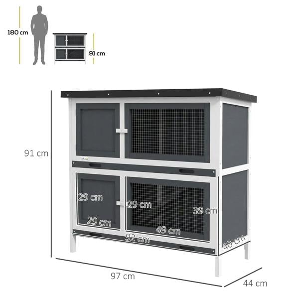 Grey two-tier rabbit hutch with front doors, wire mesh, and size measurements