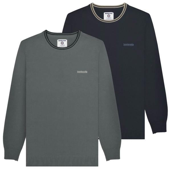 Lambretta Mens Smart Casual Knitted Long Sleeve Tipped Polo, two men's long sleeve knitted polos, one in grey and one in navy blue with contrasting tipped collar details.