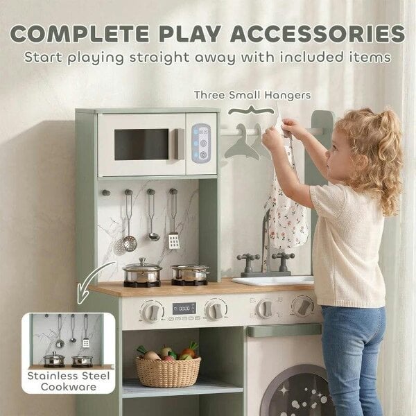 Bobobiy Kids Play Kitchen, Pretend Play Toy Kitchen Playset with Stove, Sink, Microwave, 5Pcs Accessories for 3-6 Years, Green