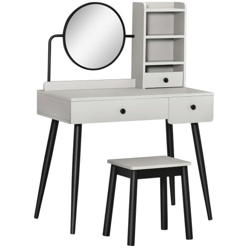 Wyld Haus Ravato Grey Dressing Table And Stool Set With 3 Drawers And Open Shelving