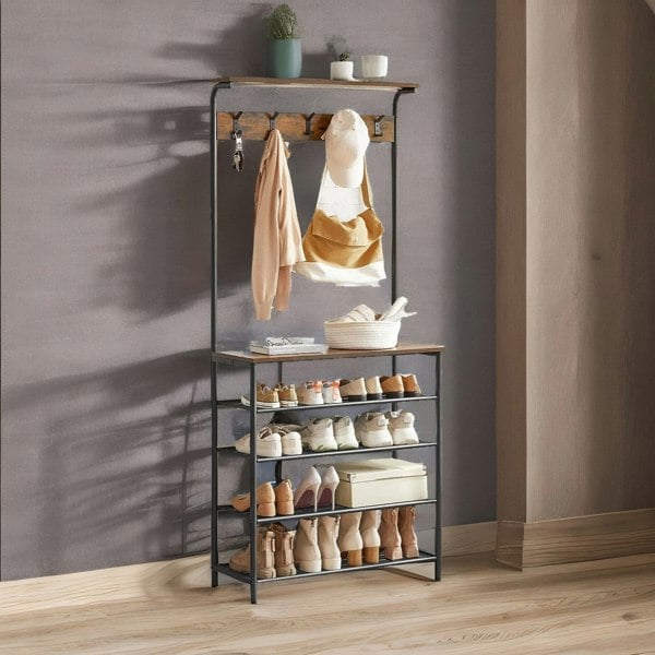 Rafaelo Mobilia Industrial Rustic Hallway Tree Coat Stand With 5 Tier Shoe Rack