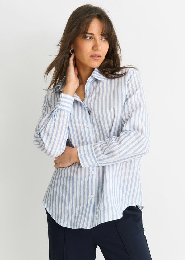 Gini London Blue Linen Oversized Stripe Shirt