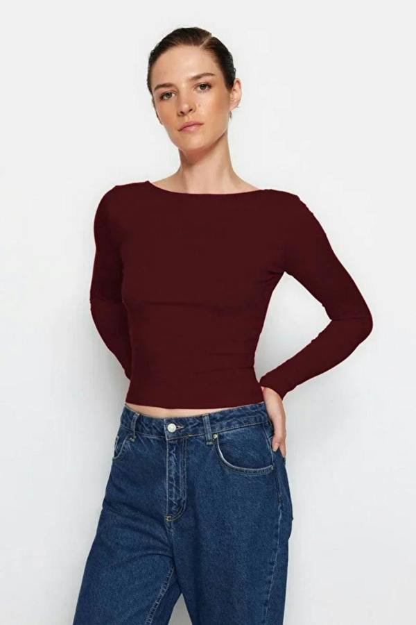 Hoxton Gal Cotton Stretch Fitted Knit Blouse with Open Back Detail