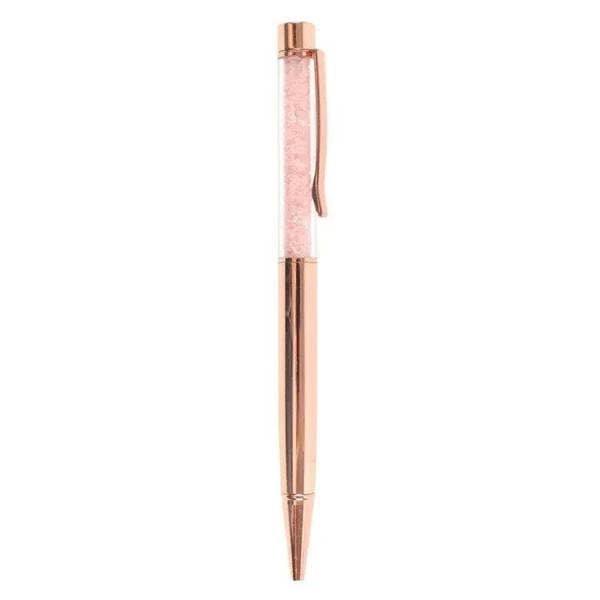 Rose quartz–style glitter pen with rose-gold barrel and clip