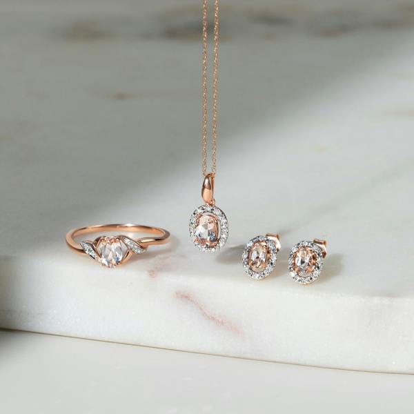 Gemondo Classic Oval Morganite & Diamond Halo Stud Earrings & Pendant in 9ct Rose Gold