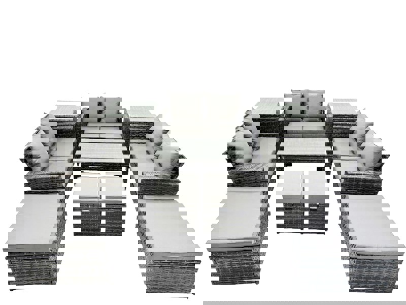 Fimous Outdoor Love Sofa Set 10 Seat Rattan Garden Furniture Set with Oblong Coffee Table 4 Stools 2 Side Table Dark Grey Mixed