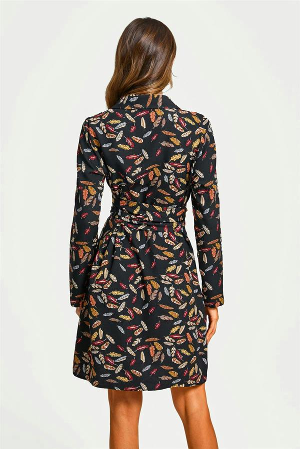 FS Collection Leaf Print Tie Front Mini Shirt Dress In Black