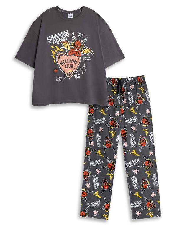 Stranger Things Womens Grey Logo Short Sleeve Long Leg Pyjama Set