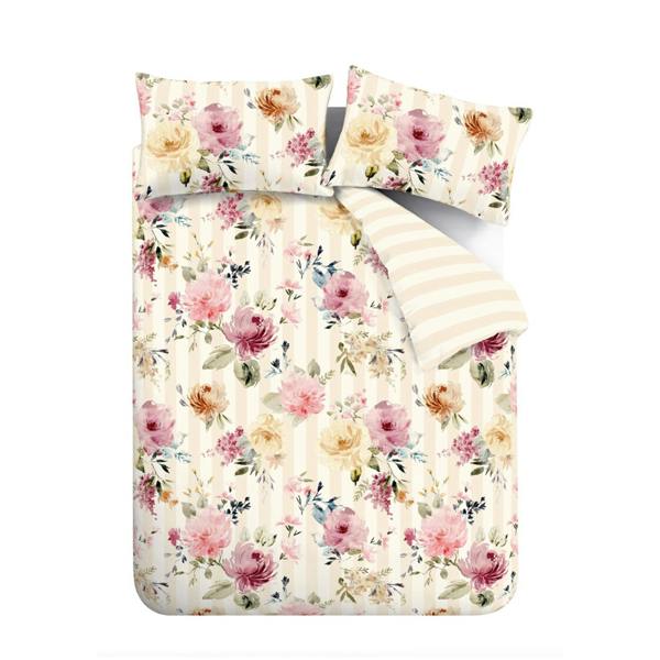 Catherine Lansfield Floral Stripe So Soft Reversible Duvet Cover Set Cream