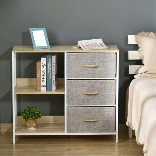 Wyld Haus Pasaha White Metal and Natural Wood Storage Chest With 3  Grey Fabric Drawers and 2 Shelvess
