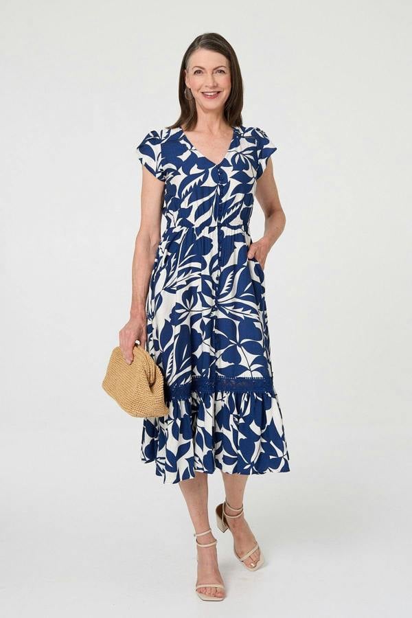 Blue | Leaf Print Cap Sleeve Lace Midi Dress