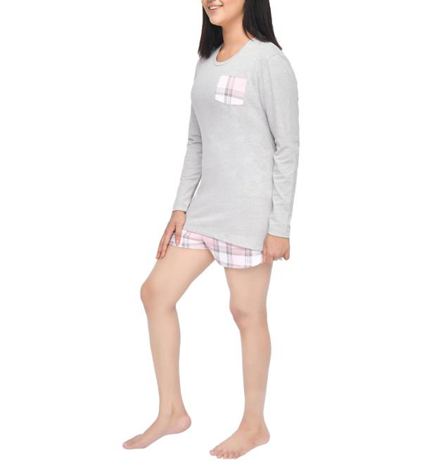 Smart Living Women's Pocket Tee & Check Short Loungewear Set - Grey/Pink