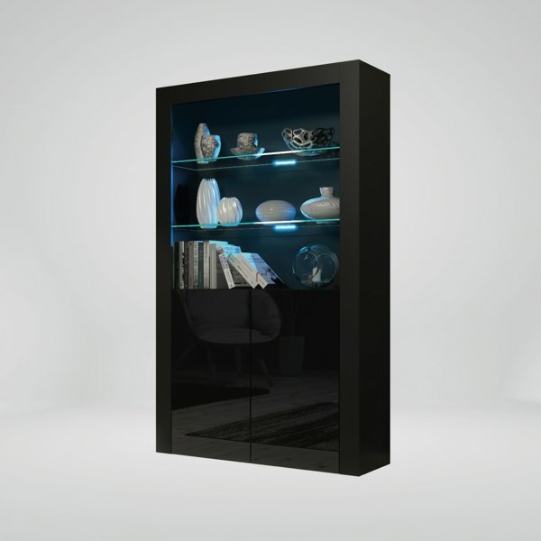 Mex Furniture Premium 170cm Cabinet Sideboard Black High Gloss Doors Display Unit & Free LED Lights