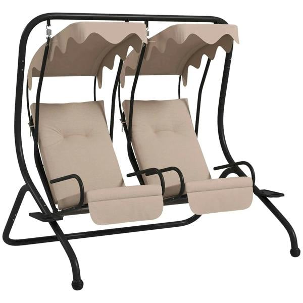 Beige two-seat garden swing chair with protective canopy and padded cushions, black frame.