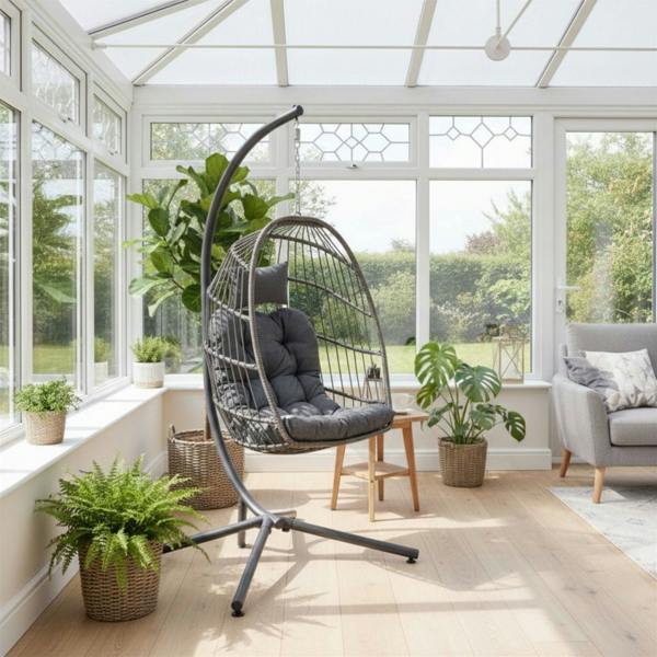 Samuel Alexander Grey Rattan Hanging Egg Chair with Stand & Cushions for Indoor Use