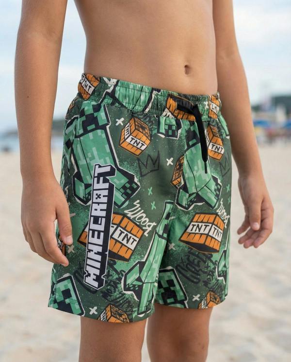 Vanilla Underground Minecraft Boys Green Grafitti All Over Print Swim Shorts